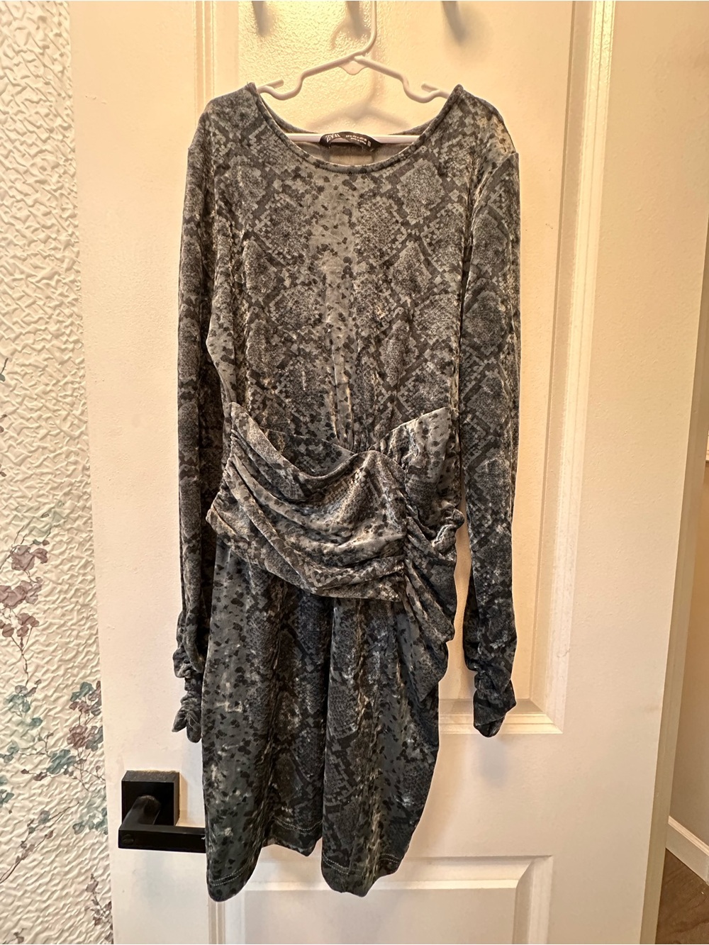 Snake-Print Long Sleeve Draped Women's Dress